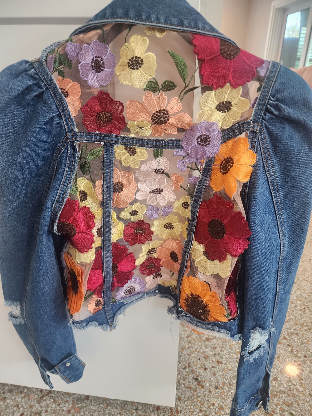 Floral Embroidered Sheer-Back Denim Jacket - Multicolor - Picture 6 of 9